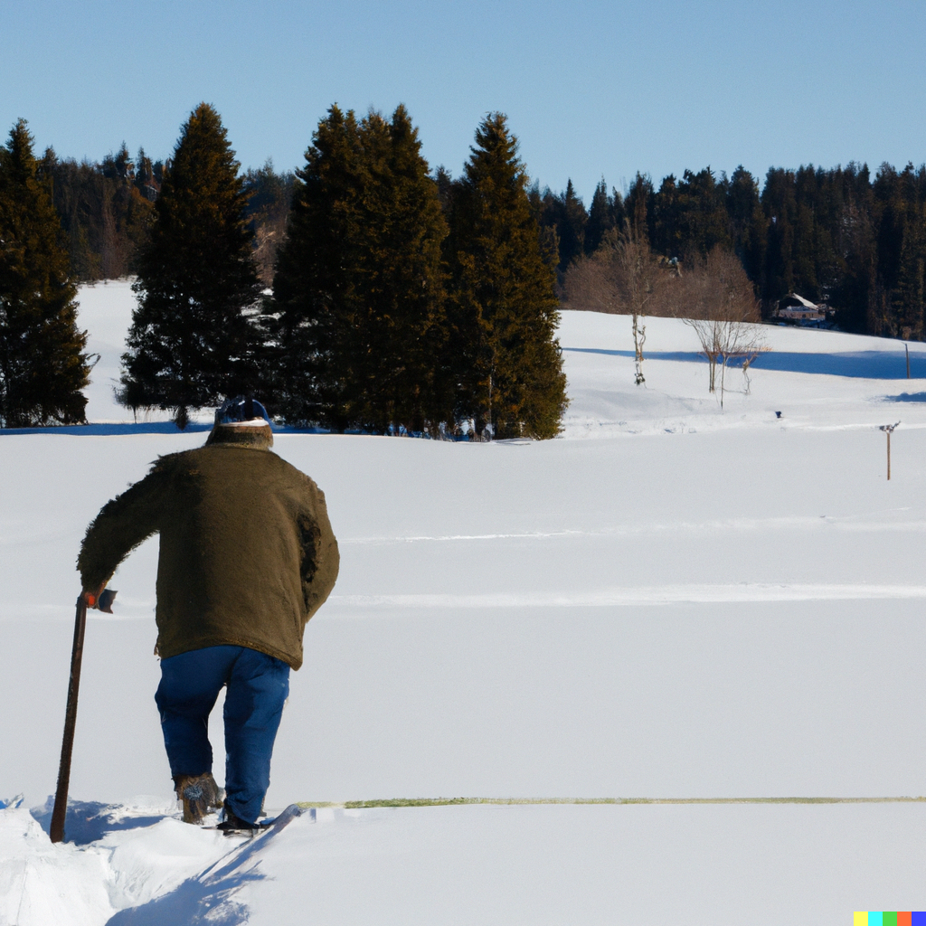 Elderly man slogging across a snowy pasture, under a clear blue sky, towards a pine forest.